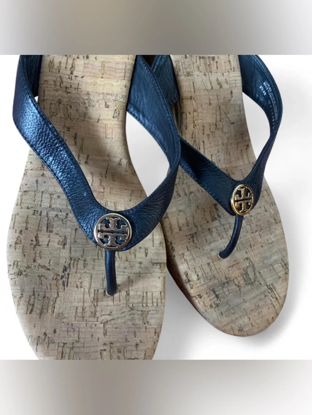 Tory Burch Suzi Cork Wedge Sandals Black Leather 9.5 EUC